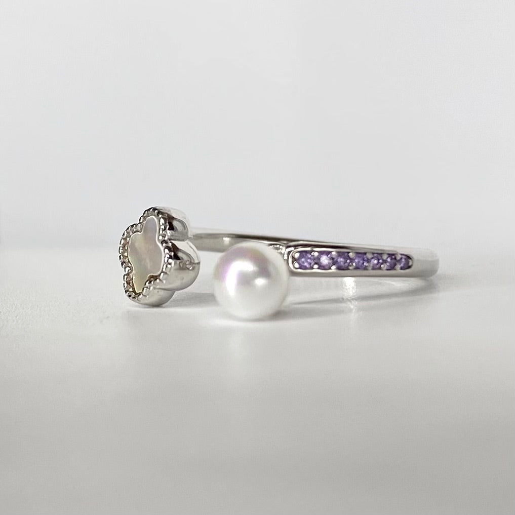 Inel perla si trifoi sidef